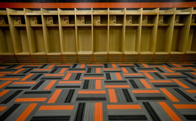A boys locker room is shown Aug. 21 at the new additions to the Prep & Villa Events Center in Erie. SARAH CROSBY/