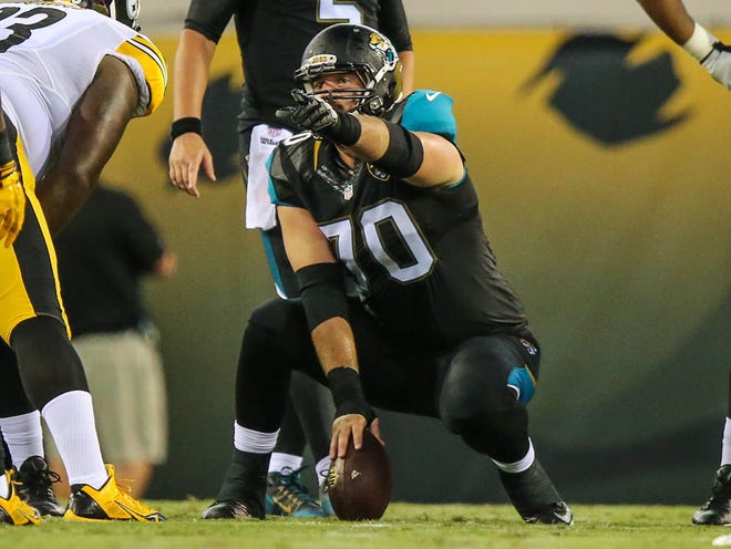 Jacksonville Jaguars center Luke Bowanko (70) calls out a play against the Pittsburg Steelers during the first half of NFL football preseason action Friday night. The Jacksonville Jaguars hosted the Pittsburg Steelers at EverBank Field in Jacksonville, Fla., Friday, August 14, 2015.