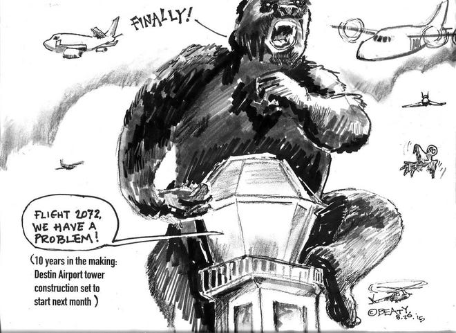 Log Cartoonist Dill Beaty pokes some fun at the 10 year time span of the proposed Destin Airport control tower.