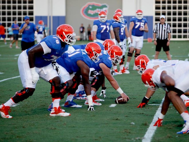 Florida Gators offensive lineman line up against the defense during practice on Tuesday, August 25, 2015 in Gainesville.