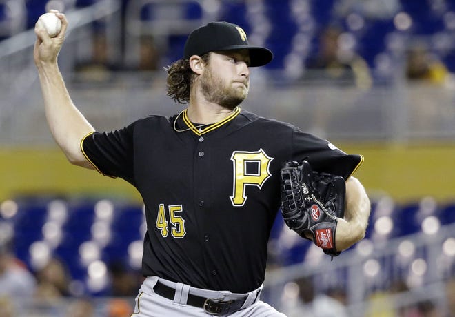 The Pirates' Gerrit Cole pitches during the first inning of the Pirates' 2-1 win against the Marlins on Thursday in Miami.