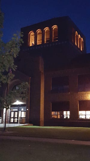Freeport High School's Bell Tower will light up during the season-opening football game. Members of the school community gave the lights a test run Wednesday, Aug. 26, 2015. PHOTO PROVIDED