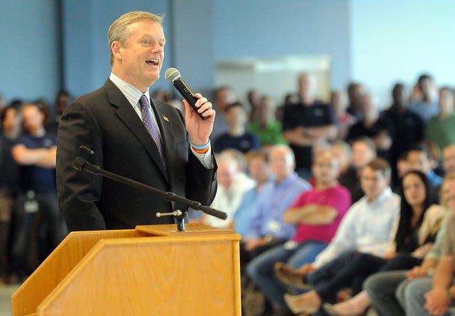 Gov. Charlie Baker speaks to EMC employees during a visit to the company Thursday in Franklin. Daily News Staff Photo/John Thornton