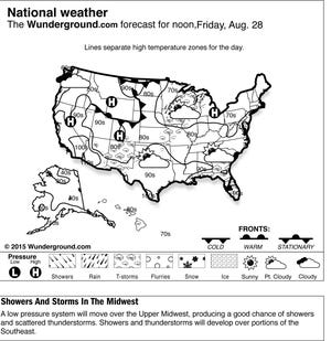 A low pressure system will move over the Upper Midwest, producing a good chance of showers and scattered thunderstorms. Showers and thunderstorms will develop over portions of the Southeast. (Weather Underground via AP)
