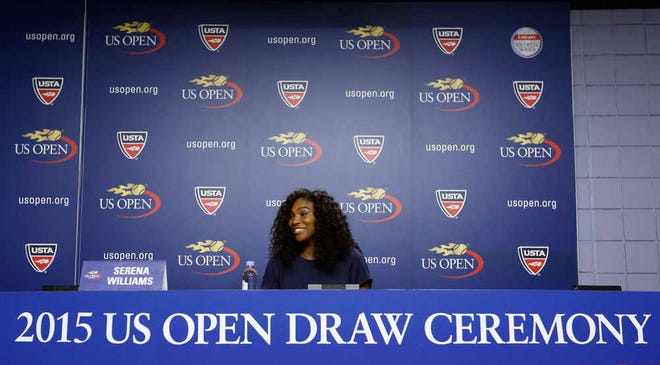 U.S. Open tennis defending champion Serena Williams speaks during a press conference at the USTA Billie Jean King National Tennis Center in New York, Thursday, Aug. 27, 2015. Williams is in position to win a Grand Slam this year if she wins the U.S. Open tennis tournament. (AP Photo/Kathy Willens)