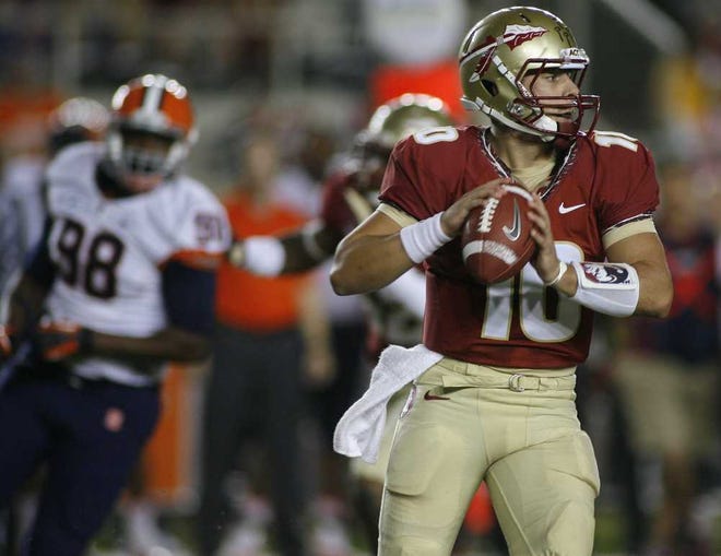 Florida State quarterback Sean Maguire (10) throws a pass in the fourth quarter of an NCAA college football game against Syracuse on Saturday, Nov. 16, 2013, in Tallahassee, Fla. Florida State best Syracuse 59-3. (AP Photo/Phil Sears)