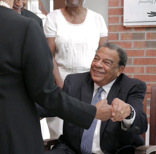 Former Congressman, UN Ambassador, and Mayor of Atlanta Andrew Young greets people at the "Celebrating the Dream" awards dinner gala at the Wilmington Convention Center in Downtown Wilmington on Saturday evening.