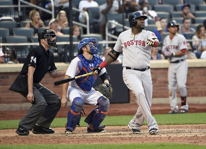 New York catcher Travis d'Arnaud watches Boston's David Ortiz hit a double in the ninth inning. THE ASSOCIATED PRESS