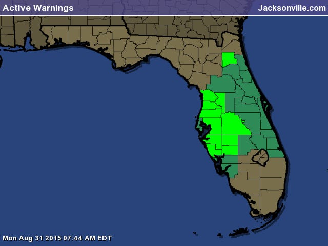This map shows Florida counties that had active flood warnings or watches as of 8:15 a.m. Monday morning.