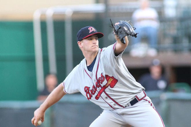 Evan Phillips throws a pitch for the Danville Braves. Bill Setliff/Danville Braves photo