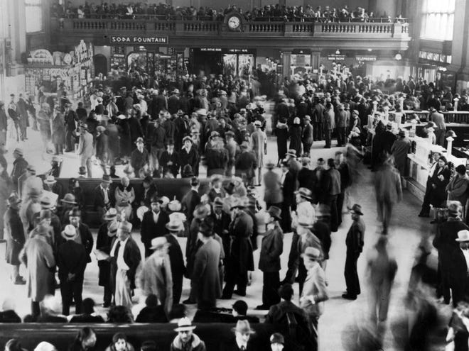 This 1932 photo from the Los Angeles Herald Examiner Collection of the Los Angeles Public Library shows hundreds of Mexicans at a Los Angeles train station awaiting deportation to Mexico.