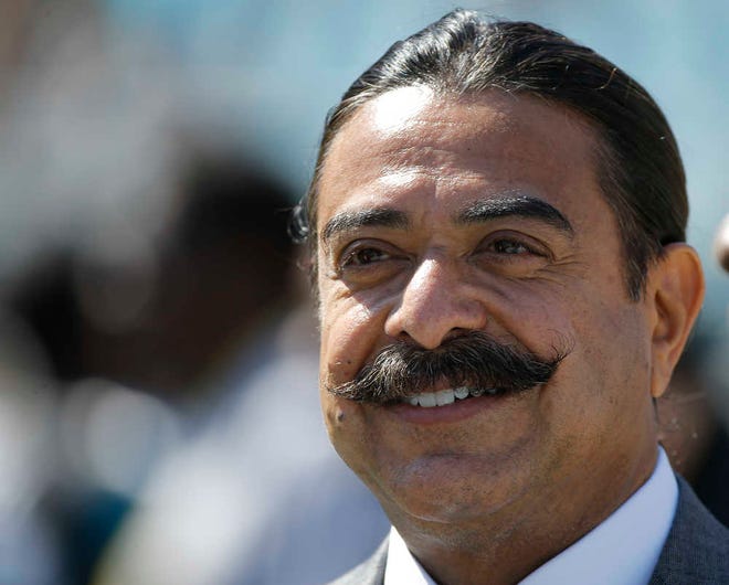 Jacksonville Jaguars team owner Shad Khan expects to sign a long-term deal to continue playing annually in London. If Khan gets his way, it will be a 14-year commitment. Speaking at a kickoff luncheon Tuesday Khan said he's "optimistic, obviously, that we'll have a renewal on (London) and it will go for a long time." (AP Photo/Stephen B. Morton)