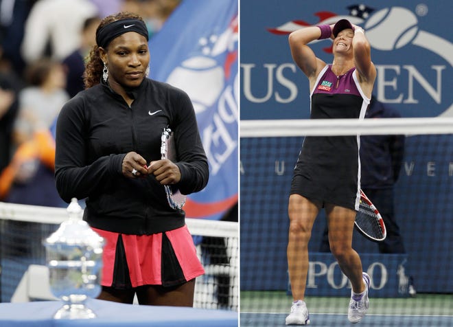 FILE - At left, in a Sept. 11, 2011, file photo, Serena Williams looks at the championship trophy after losing the women's championship match to Samantha Stosur at the U.S. Open tennis tournament in New York. At right, also in a Sept. 11, 2011, file photo, Samantha Stosur reacts after winning the women's championship match against Serena Williams at the U.S. Open tennis tournament in New York. (AP Photo/File)