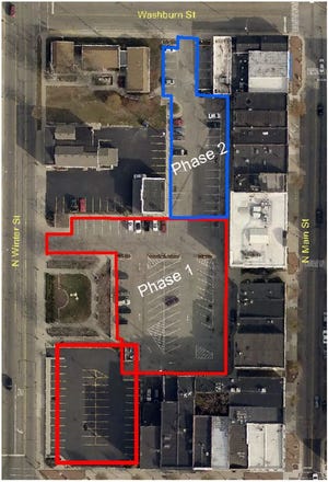 An Adrian city map shows the parking lot paving now planned Tuesday and Wednesday, Sept. 8-9.