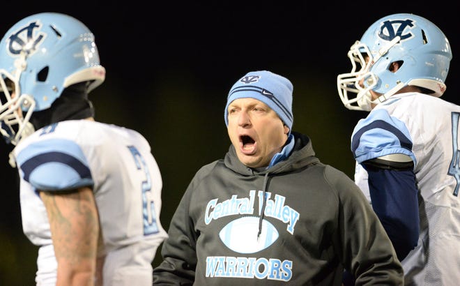 Central Valley head coach Mark Lyons tries to fire up his team during the PIAA championship game.