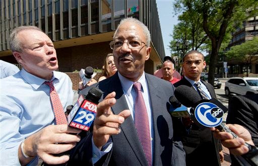 FILE - In this Aug. 18, 2015, file photo, U.S. Rep. Chaka Fattah, D-Pa., speaks outside of the federal courthouse in Philadelphia. Fattah has tried to influence potential jurors in his racketeering case by publicly boasting about his accomplishments in Congress, federal prosecutors said Wednesday, Aug. 26, 2015. (AP Photo/Matt Rourke, File)