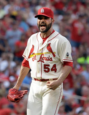 St. Louis Cardinals starting pitcher Jaime Garcia celebrates after getting Pittsburgh Pirates' Josh Harrison to ground out to end the top of the seventh inning of a baseball game Saturday, Sept. 5, 2015, in St. Louis. (AP Photo/Jeff Roberson)
