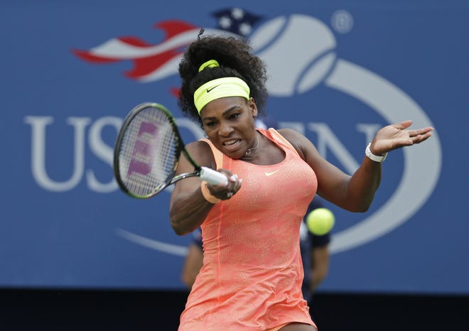 Serena Williams strokes a forehand during her 6-3, 6-3 win over Madison Keys on Sunday in the Round of 16 at the U.S. Open.