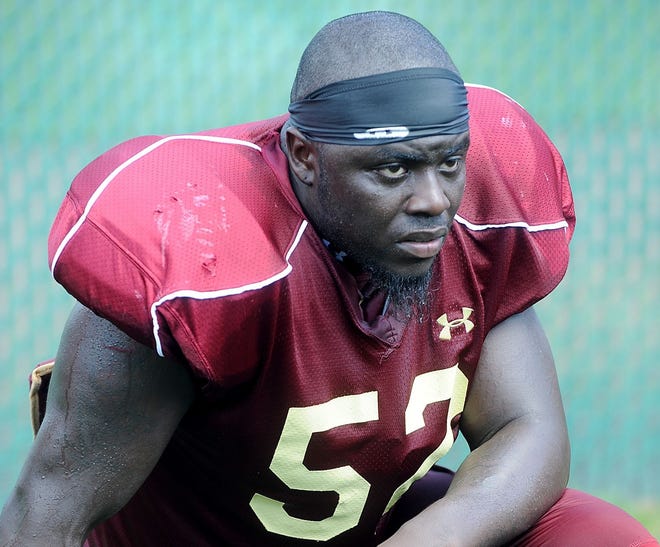 Senior linebacker Steven Daniels, shown during practice in August, and the Boston College defense allowed only 91 total yards in the Eagles' 24-3 win over Maine on Saturday in their opening game of the season.