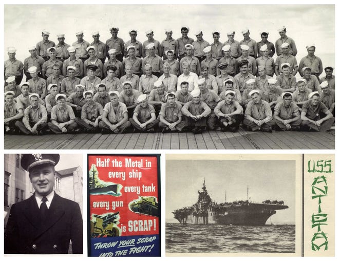 Scrapbook, clockwise from top: Some of the seamen on the USS Antietam, bound for Japan in 1945; a Christmas card produced in the Antietam's print shop; a poster on display at the World War II Museum in Natick; Lt. William G. Holmes in 1942.