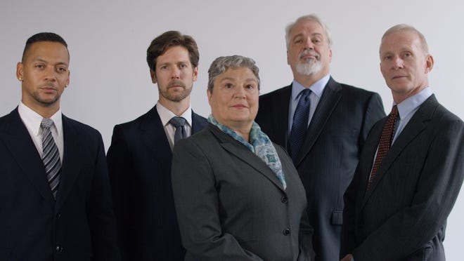 Anne Scurria plays the lead role in Trinity Rep's "Julius Caesar." She's joined by cast members, from left, Joe Wilson Jr., Stephen Thorne, Fred Sullivan Jr. and Brian McEleney. Clyde Media Productions.