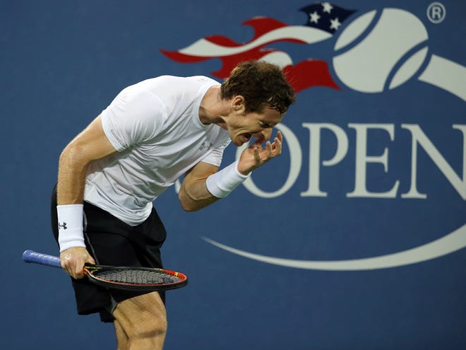 Andy Murray, of the United Kingdom, reacts after losing a point to Kevin Anderson, of South Africa, during the fourth round of the U.S. Open tennis tournament, Monday, Sept. 7, 2015, in New York.