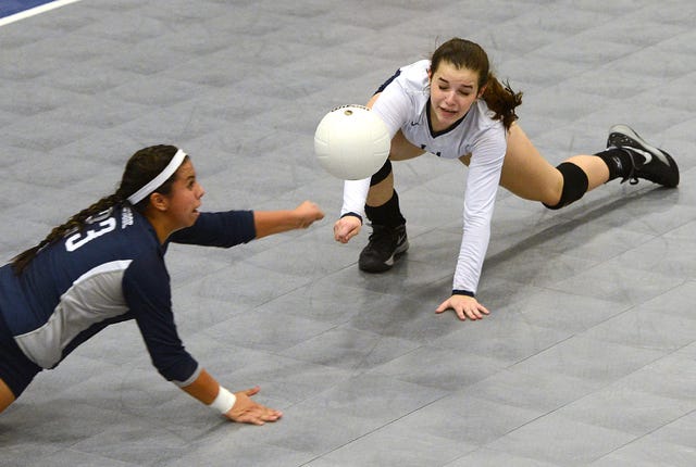BRIAN D. SANDERFORD • TIMES RECORD Greenwood’s Lexi Castillow, left, and Meredith James lunge to dig a Mount. St Mary serve during the first set on Tuesday, Sept. 8, 2015. 
 BRIAN D. SANDERFORD • TIMES RECORD Greenwood’s Maddi Pfeifer, right, blocks the shot by Mount. St Mary’s Lauren Sink during the second set on Tuesday, Sept. 8, 2015. 
 BRIAN D. SANDERFORD • TIMES RECORD Greenwood’s Lilliah Pugh, right, sets the ball for Erin Black during the first set against Mount. St Mary on Tuesday, Sept. 8, 2015. 
 BRIAN D. SANDERFORD • TIMES RECORD Greenwood’s Lilliah Pugh, left, blocks the shot by a Mount. St Mary’s Maggie Saad during the second set on Tuesday, Sept. 8, 2015.