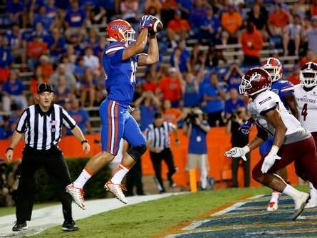 Florida wide receiver C.J. Worton catches a touchdown pass against New Mexico State last Saturday. Worton was one of 14 Gators who caught a pass.