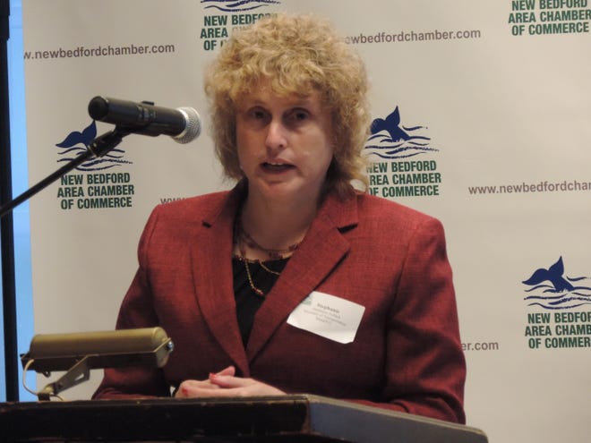 State Transportation Secretary Stephanie Pollack told a Chamber breakfast crowd Thursday that, amid huge MBTA fundng shortfalls, South Coast Rail reamins "a good fit for the priorities" of Gov. Charlie Baker's administration. MIKE LAWRENCE/THE STANDARD-TIMES/SCMG