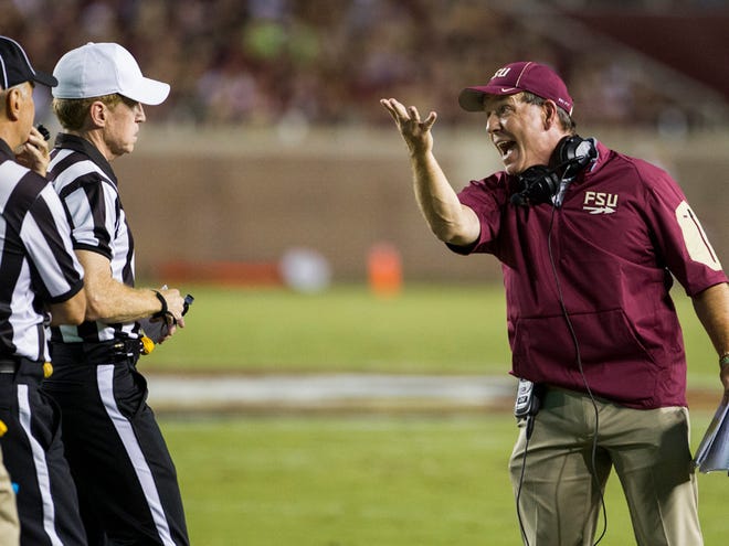 Florida State coach Jimbo Fisher has a discussion with the officials duirng the first half of an NCAA college football game against Texas State in Tallahassee, Saturday, Sept. 5, 2015.