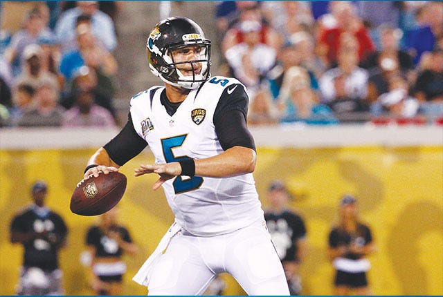 JACKSONVILLE, FL - AUGUST 08: Blake Bortles #5 of the Jacksonville Jaguars plays during the preseason game against the Tampa Bay Buccaneers at Everbank Field on August 8, 2014 in Jacksonville, Florida. (Photo by Rob Foldy/Getty Images)