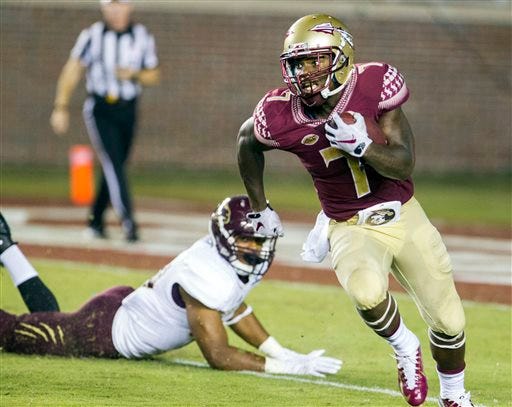 Florida State running back Mario Pender heads up field in the second half of the NCAA college football game against Texas State in Tallahassee, Fla., Saturday, Sept. 5, 2015. Florida State defeated Texas State 59-16. (AP Photo / Mark Wallheiser)