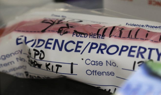 An evidence bag from a sexual assault case is shown in a lab in Houston.