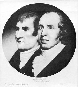 An undated photo of a portrait of explorers Meriwether Lewis, left, and William Clark