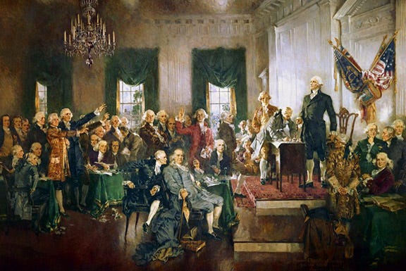 In this famous painting of the signing of the U.S. Constitution, Richard Dobbs Spaight is portrayed putting his signature on the document at the table, at right.