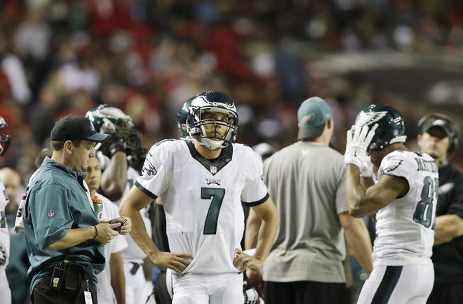 Philadelphia Eagles quarterback Sam Bradford (7) stands on the sidelines during the first half of an NFL football game against the Atlanta Falcons, Monday, Sept. 14, 2015, in Atlanta. (AP Photo/Brynn Anderson)