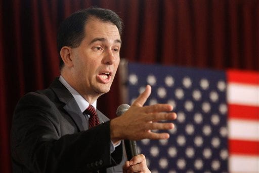 In this Sept. 10, 2015 file photo, Republican presidential candidate, Wisconsin Gov. Scott Walker speaks in Eureka, Ill. In dire need of a spark to rescue his limping presidential campaign, Walker is turning to the issue that first thrust him into the national spotlight four years ago, fighting unions. (AP Photo/Seth Perlman, File)