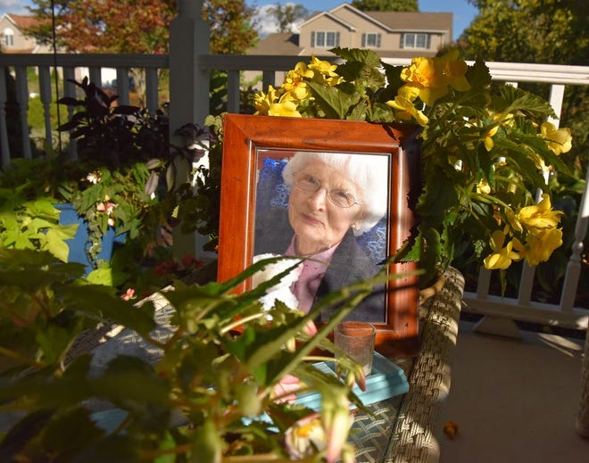 Ann Hartin, pictured in a photograph that was taken Easter 2012, had an end of life discussion with Dr. Matthews of Hospice & Palliative Care to determine where and how she wanted to spend the rest of her time when she was terminally ill. This photo of Hartin is displayed on the front porch of her daughter Maggie Reilly's home Sep. 14, 2015 in New York Mills, N.Y.