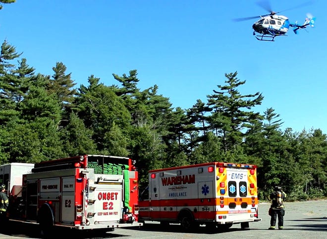 A man was MedFlighted to a Rhode Island trauma center following a 12- to 15-foot fall from a ladder this morning around 9:30 while working around his home.

Photo/David G. Curran