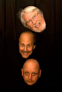 The comedic musical ensemble Modern Man, featuring, from top, Rob Carlson, David Buskin and George Wurzbach, will perform Saturday at the Rose Garden Coffeehouse in Mansfield.