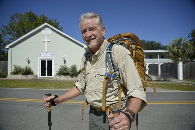 Jerry Ogle with his trusty hiking pack will head out on the Florida Trail October 1st to raise money for Hosanna House, a Destin shelter for women in distress.