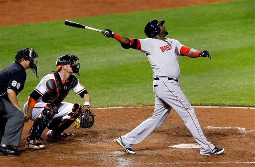 Boston's David Ortiz watches his sacrifice fly ball in front of Baltimore catcher Matt Wieters in the fifth inning.