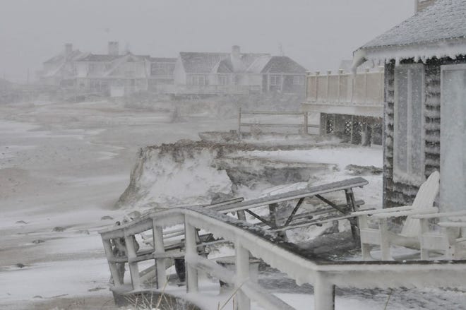 A deck collapsed at a Town Neck Beach home in Sandwich during the blizzard that hit Cape Cod and elsewhere in Massachusetts in late January. Steve Heaslip/Cape Cod Times file