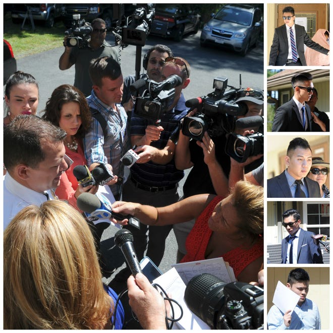 Left: Pocono Mountain Regional Police Chief Christopher Wagner speaks to the media following the arraignment Thursday of five Pi Delta Psi members in the hazing death of a pledge in 2013. Arraigned were, from top right to bottom: Alan Wong, Sam Liao, Andy Meng, national chapter president, Aaron Chen and Thomas Liu.