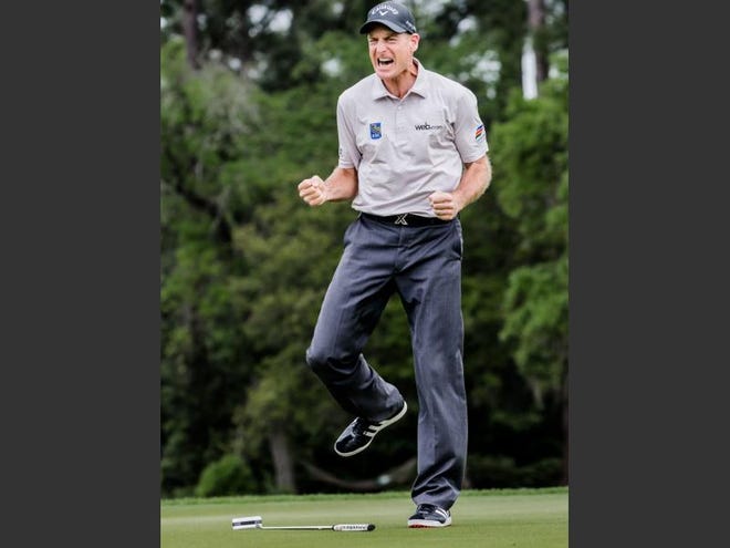 Jim Furyk reacts after winning the RBC Heritage in April.-File Photo