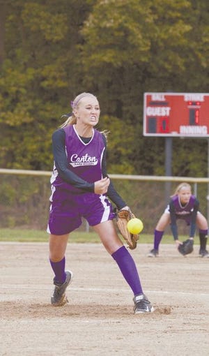 Canton Ingersoll’s Blair Jacobus grimaces as she delivers a pitch to the plate in the Lady Giants’ sectional game against Olympia on Saturday. Jacobus fired a three-hit shutout in a 3-0 win, advancing them to Friday’s state tournament.