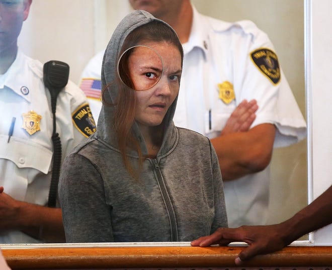 Rachelle Bond, the mother of Bella Bond, is arraigned in Dorchester (Mass.) District Court on Monday in connection with the death of her daughter. Pat Greenhouse/The Boston Globe via AP, Pool