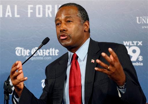 FILE - In this Monday, Aug. 3, 2015, file photo, Republican presidential candidate and retired neurosurgeon Ben Carson speaks during a forum, in Manchester, N.H. Responding to a question during an interview broadcast Sunday, Sept. 20, 2015, on NBC's "Meet the Press," Carson, a devout Christian, said Islam is antithetical to the Constitution and he doesnít believe that a Muslim should be elected president. (AP Photo/Jim Cole, File)
