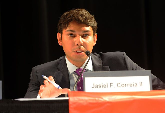Mayoral candidate and current City Councilor Jasiel Correia II speaks during the mayoral Thursday.