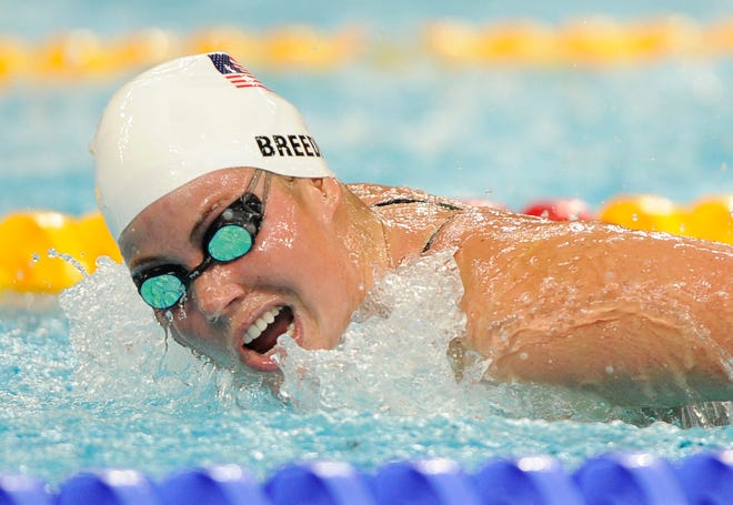 Elaine Breeden of the United States swims during a heat of the women's 200-meter butterfly at the Beijing 2008 Olympics in 2008. Breeden will be in Holland next week for a clinic. (AP Photo/Mark J. Terrill)